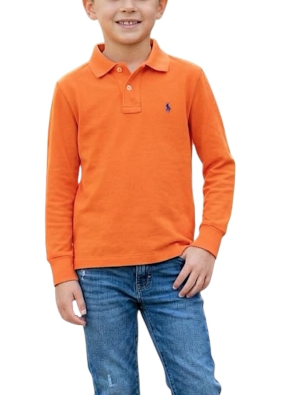 POLO Ralph Lauren orange cotton pique collared long sleeve kids polo shirt S (8)